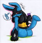  anthro big_butt blue_body blue_fur butt condom fur generation_4_pokemon hi_res looking_at_viewer lucario male nintendo pokemon pokemon_(species) rotten_owl sexual_barrier_device simple_background solo traditional_media_(artwork) video_games white_background 