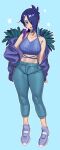  1girl aqua_background aqua_pants blue_camisole blush borrowed_character breasts camisole crop_top full_body hair_over_one_eye highres humanization jacket medium_breasts midriff nia_(nia4294) off_shoulder open_mouth original outline purple_eyes purple_footwear purple_hair purple_jacket raven_(ravencrafted) second-party_source shoes short_hair simple_background smile solo standing star_(symbol) white_outline 