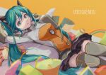  1girl absurdres aqua_eyes aqua_hair arms_up artist_logo black_skirt bodysuit commentary gloves grey_bodysuit grey_thighhighs hair_ornament hatsune_miku highres long_hair looking_at_viewer lying megaphone mikuni144 miniskirt multicolored_bodysuit multicolored_clothes odds_&amp;_ends_(vocaloid) on_back orange_background orange_bodysuit parted_lips pleated_skirt skirt solo song_name tears thighhighs twintails very_long_hair vocaloid zettai_ryouiki 