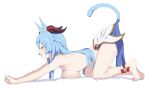 1girl absurdres all_fours animal_ear_fluff animal_ears ankle_bell barefoot blue_hair breast_rest breasts cat_ears cat_tail closed_eyes commentary_request full_body ganyu_(genshin_impact) genshin_impact goat_horns highres horns kemonomimi_mode large_breasts long_hair noa_(nagareboshi) open_mouth sideboob simple_background solo tail tail_raised topless vision_(genshin_impact) white_background 