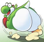  ambiguous_gender anthro bastardpalace big_butt butt clothing dinosaur dot_eyes dust_cloud footwear green_yoshi hi_res huge_butt looking_at_viewer looking_back mario_bros nintendo nude open_mouth reptile running scalie shoes solo thick_thighs video_games yoshi 