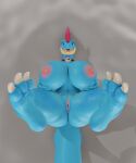  2022 3d_(artwork) anthro anus areola barefoot big_breasts blue_body breasts claws digital_media_(artwork) feet female feraligatr foot_focus generation_2_pokemon genitals hi_res holding_breast huge_breasts looking_at_viewer lying nintendo nipples nude on_back pink_nipples pokemon pokemon_(species) pussy scalie simple_background smile soles solo sticki_bun toe_claws toes video_games yuki_(evov1) yukigatr_(evov1) 