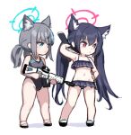  2girls :o animal_ear_fluff animal_ears aqua_eyes assault_rifle bangs bikini black_bikini black_hair black_one-piece_swimsuit blue_archive ear_piercing frilled_bikini frills grey_hair gun hair_ornament halo hand_on_hip holding holding_gun holding_weapon long_hair low_ponytail multiple_girls one-piece_swimsuit parted_lips piercing ponytail red_eyes rifle sandals serika_(blue_archive) serika_(swimsuit)_(blue_archive) shiroko_(blue_archive) shiroko_(swimsuit)_(blue_archive) simple_background standing swimsuit twintails uom6iybcbigfulh very_long_hair weapon white_background x_hair_ornament 