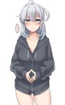  ... 1girl alternate_costume aqua_eyes bangs blush breasts closed_mouth collarbone commentary_request grey_jacket hair_between_eyes hood hood_down hooded_jacket jacket kantai_collection kiritto large_breasts long_hair long_sleeves looking_at_viewer one_side_up simple_background solo spoken_ellipsis steepled_fingers suzutsuki_(kancolle) sweat white_background 