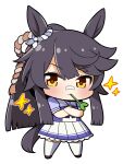  1girl animal_ears bandaid bandaid_on_face bandaid_on_nose black_hair chibi closed_mouth crossed_arms ear_ornament hair_between_eyes highres horse_ears long_hair looking_at_viewer mouth_hold narita_brian_(umamusume) pleated_skirt plover purple_serafuku school_uniform serafuku simple_background skirt sparkle stalk_in_mouth thighhighs tracen_school_uniform umamusume very_long_hair white_background white_skirt white_thighhighs yellow_eyes 