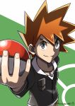  1boy absurdres black_jacket brown_hair closed_mouth commentary_request gary_oak green_background green_eyes hair_between_eyes hand_up highres holding holding_poke_ball jacket jewelry long_sleeves male_focus pendant poke_ball poke_ball_(basic) poke_ball_symbol pokemon pokemon_(anime) pokemon_journeys short_hair signature smile solo spiked_hair twitter_username two-tone_background upper_body watagashikn white_background 