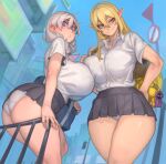  2girls bag blonde_hair blue_sky borrowed_character braid breasts building character_request collared_shirt commission feet_out_of_frame hair_between_eyes highres huge_breasts kelvin_hiu large_breasts long_hair medium_hair microskirt multiple_girls orange_eyes original panties pointy_ears purple_eyes railing rebby_(mr_december206) shirt shirt_tucked_in short_sleeves sign skirt sky smile thick_thighs thighs twin_braids underwear white_hair white_panties white_shirt 