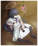  1girl bangs black_hair black_pantyhose blue_archive blue_neckerchief blush bookshelf breasts cardigan censored closed_eyes clothes_lift female_masturbation female_pubic_hair fingering full_body hairband halo heart heart-shaped_pubic_hair highres indoors inverted_nipples jewelry kuroneko_(kuroneko3zizi) long_hair long_sleeves low_twintails masturbation mirror neckerchief nipples no_shoes open_mouth pantyhose pendant pointless_censoring pubic_hair pussy pussy_juice reflection sailor_collar saliva shirt shirt_lift sitting skirt small_breasts solo speech_bubble spoken_heart sweat torn_pantyhose twintails ui_(blue_archive) white_shirt white_skirt 