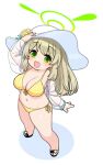  1girl arm_up bangs bikini blonde_hair blue_archive blush breasts cleavage flower full_body green_eyes halo hat hat_flower large_breasts long_hair looking_at_viewer nonomi_(blue_archive) nonomi_(swimsuit)_(blue_archive) open_mouth sandals see-through see-through_sleeves simple_background solo standing sun_hat swimsuit uom6iybcbigfulh white_background white_headwear yellow_bikini yellow_flower 