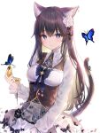  1girl animal_ear_fluff animal_ears bangs black_bow blue_bow blue_butterfly blush bow breasts brown_hair bug butterfly butterfly_on_hand cat_ears cat_girl cat_tail closed_mouth crossed_bangs flower frills hair_between_eyes hair_flower hair_ornament highres holding holding_pocket_watch lace-trimmed_skirt lace_trim long_hair long_sleeves looking_at_viewer medium_breasts original pocket_watch pudding_cream purple_eyes shirt sidelocks simple_background skirt smile solo tail tail_ornament tail_raised very_long_hair watch white_background white_flower white_shirt 