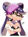  1girl bare_shoulders breasts callie_(splatoon) chromatic_aberration cleavage cross-shaped_pupils crossed_arms detached_collar earrings food food_on_head gloves highres isamu-ki_(yuuki) jewelry long_hair looking_away medium_breasts mole mole_under_eye o3o object_on_head pointy_ears pout purple_hair simple_background solo splatoon_(series) splatoon_1 tentacle_hair white_background white_gloves yellow_eyes 