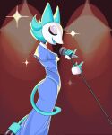  absurd_res android blue_hair blue_tail clothing darkner deltarune dress eyes_closed fantasy000 felid feline female floating_hands hair hi_res humanoid long_tail machine mammal microphone open_mouth robot singing solo star tasque_manager undertale_(series) video_games 