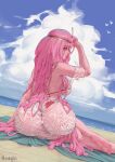  1girl adventure_time ass barefoot beach beach_mat bikini blue_sky breasts colored_skin crown curvy feet highres long_hair looking_at_viewer looking_back noaqin pink_hair pink_skin princess_bonnibel_bubblegum see-through sideboob sitting sky solo swimsuit toes very_long_hair 