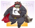  2022 anthro belly big_belly bottomwear brown_body cape clothing comedy_central eric_cartman hi_res lakalando male mammal navel obese obese_male overweight overweight_male pants procyonid raccoon shirt solo south_park topwear 