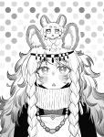  1girl animal_ear_fluff animal_ears animal_on_head arknights blush bokiboki333 braid greyscale highres jewelry leopard_ears leopard_girl long_hair looking_at_viewer messy_hair monochrome necklace on_head pramanix_(arknights) side_braids solo sweater thick_eyebrows tiara triangle_mouth turtleneck turtleneck_sweater 