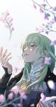  1girl bangs bodice breasts byleth_(fire_emblem) byleth_(fire_emblem)_(female) enlightened_byleth_(female) falling_petals fire_emblem fire_emblem:_three_houses flower garreg_mach_monastery_uniform green_eyes green_hair highres kazu20200224 large_breasts long_hair looking_up medium_hair parted_lips petals tears white_background 