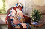  1girl bare_legs bare_shoulders barefoot blue_eyes chair genshin_impact hair_ornament headgear horns k-rumi legs looking_at_viewer manicure nilou_(genshin_impact) pedicure plant red_hair sitting smile table thigh_strap thighs 