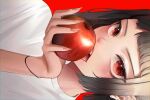  1girl absurdres apple bangs biting black_hair blunt_ends blush bracelet commentary english_commentary fingernails food fruit hand_up highres holding holding_food holding_fruit jewelry kapo looking_at_viewer medium_hair open_mouth original red_background red_eyes shirt solo white_shirt 