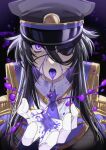  1girl absurdres bangs black_hair eyebrows_hidden_by_hair eyepatch gloves hair_between_eyes hat highres long_hair looking_at_viewer military military_hat military_uniform open_mouth original purple_eyes reaching_out saliva saliva_trail solo tatsuma_daisuke tongue tongue_out uniform white_gloves 