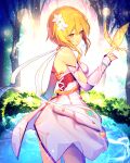  1girl bare_shoulders blonde_hair breasts chiroron dress fingerless_gloves flower genshin_impact gloves hair_between_eyes hair_flower hair_ornament highres legs lumine_(genshin_impact) orange_eyes sleeveless smile solo white_dress yellow_eyes 