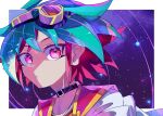  1boy bangs cosmos_mrst dyed_bangs goggles goggles_on_head green_hair hair_between_eyes highres jacket jacket_on_shoulders jewelry looking_at_viewer male_focus multicolored_hair open_clothes parted_lips pendant portrait red_eyes red_hair sakaki_yuuya short_hair solo two-tone_hair upper_body wide-eyed yu-gi-oh! yu-gi-oh!_arc-v 