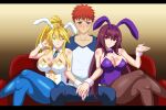  1boy 2girls absurdres animal_ears artoria_pendragon_(fate) artoria_pendragon_(swimsuit_ruler)_(fate) bangs bare_shoulders blonde_hair blue_necktie blue_pantyhose blush braid breasts brown_pantyhose cleavage clothing_cutout covered_navel detached_collar emiya_shirou fate/grand_order fate/stay_night fate_(series) feather_boa fishnet_pantyhose fishnets french_braid green_eyes hair_between_eyes hair_intakes hair_ribbon highleg highleg_leotard highres implied_threesome large_breasts leotard long_hair long_sleeves multiple_girls navel navel_cutout necktie orange_hair pantyhose playboy_bunny poker_chip poker_table ponytail purple_hair purple_leotard purple_necktie rabbit_ears raglan_sleeves red_eyes red_hair reiichi_543448 ribbon scathach_(fate) shirt short_hair short_necktie sidelocks table tiara very_long_hair white_leotard white_shirt wrist_cuffs yellow_eyes 