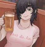  1girl alcohol arm_at_side bangs beer black_hair blurry blurry_background breasts chainsaw_man clothes_writing cup dutch_angle eyepatch giganticbuddha green_eyes hair_over_one_eye highres himeno_(chainsaw_man) holding holding_cup indoors looking_at_viewer medium_breasts messy_hair outline pink_lips pink_shirt shirt sidelocks smile solo t-shirt upper_body 