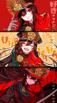  1girl black_background cape closed_eyes embers fate/grand_order fate_(series) gloves hat hi_(wshw5728) highres katana laughing long_hair oda_nobunaga_(fate) oda_nobunaga_(koha-ace) oda_uri orange_background red_background red_eyes smile sword twitter_username uniform weapon white_gloves 