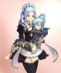  2girls absurdres blue_hair carrying fire_emblem fire_emblem_fates flora_(fire_emblem) hair_bun highres kana_(fire_emblem) kana_(fire_emblem)_(female) long_hair maid maid_headdress mother_and_daughter multiple_girls pointy_ears single_hair_bun sleeping smile zipperqr 