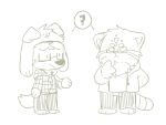  4:3 anthro asnnonaka bottomwear canid cheek_tuft chibi clothed clothing duo facial_tuft felid floppy_ears front_view hand_behind_back head_tuft hi_res jacket male mammal markings monochrome mouth_closed overweight overweight_anthro overweight_male pants question_mark simple_background simple_eyes sketch speech_bubble square_glasses standing striped_markings striped_tail stripes tail_markings three-quarter_view topwear tuft unsigned 