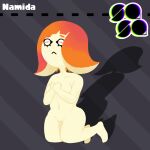  anemonemisc animal_humanoid big_breasts breasts cephalopod cephalopod_humanoid covering covering_breasts female genitals grey_background hair horizontal_pupils humanoid inkling kneeling marine marine_humanoid mollusk mollusk_humanoid namida_(splatoon) navel nintendo nude orange_eyes orange_hair pattern_background pseudo_hair pupils pussy simple_background solo splatoon striped_background tan_body tan_skin tentacle_hair tentacles text thick_thighs video_games wide_hips 