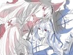  2girls an_fyhx arknights closed_mouth clothing_cutout commentary expressionless hat hat_ornament highres long_hair monochrome multiple_girls red_eyes sharp_teeth skadi_(arknights) skadi_the_corrupting_heart_(arknights) smile specter_(arknights) specter_the_unchained_(arknights) spot_color symbol-only_commentary teeth very_long_hair 