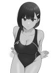  1girl arm_support bangs borrowed_character breasts cleavage collarbone competition_swimsuit from_above greyscale hair_ornament hairclip highres kanagi_haruka large_breasts light_blush looking_at_viewer mole mole_on_thigh monochrome one-piece_swimsuit original parted_lips short_hair sitting swimsuit tantanmen72 white_background 