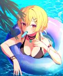  1girl bikini black_bikini blonde_hair blush breasts chiroron eating flower food genshin_impact hair_between_eyes hair_flower hair_ornament highres innertube lumine_(genshin_impact) medium_breasts orange_eyes popsicle solo swimsuit wristband 