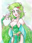  1girl absurdres aged_up breasts cape cleavage detached_sleeves earrings final_fantasy final_fantasy_iv green_eyes green_hair hair_ornament highres inaba_tomoe jewelry long_hair looking_at_viewer nail_polish open_mouth rydia_(ff4) simple_background smile solo thighhighs 