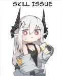  1girl arknights bangs bare_shoulders black_gloves black_shirt blush breasts chibi cleavage coat commentary drink elite_ii_(arknights) fang gloves hand_up holding holding_drink horns jeffodraws long_hair looking_at_viewer mudrock_(arknights) parted_lips red_eyes shirt solo undershirt upper_body very_long_hair white_background white_coat white_hair 