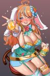  1girl ahoge alcohol animal_ears blue_hair blush bonnie_(bunny_gif) borrowed_character brown_hair carrot_hair_ornament cowboy_shot cross-laced_clothes cross-laced_top drink flower food-themed_hair_ornament gradient gradient_background hair_ornament highres indie_virtual_youtuber long_hair multicolored_hair nia_(nia4294) open_mouth original pink_flower rabbit_ears rabbit_girl rabbit_tail second-party_source sitting skindentation smile solo sparkle streaked_hair tail whiskey 
