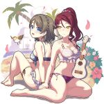  2girls back-to-back barefoot bikini bird bird_request blue_eyes braid brown_hair chu_kai_man crown_braid frilled_bikini frills holding_hands instrument long_hair love_live! love_live!_sunshine!! mismatched_bikini multiple_girls palm_tree ponytail red_hair sakurauchi_riko short_hair side-tie_bikini_bottom swimsuit tree ukulele watanabe_you yellow_eyes 