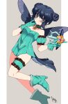  absurdres aizawa_mint black_eyes black_hair boots choker double_bun gloves hair_bun highres holster magical_girl mew_mint signature simple_background thigh_holster tokyo_mew_mew weapon wings 