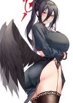  1girl :o absurdres ass bangs black_choker black_garter_straps black_gloves black_hair black_shirt black_skirt black_thighhighs black_wings blue_archive blush breasts choker curvy from_side garter_straps gloves hair_between_eyes halo hasumi_(blue_archive) highres huge_breasts large_breasts long_bangs long_hair long_sleeves looking_at_viewer looking_to_the_side low_wings mole mole_under_eye namazu_(yamasonson) open_mouth parted_lips ponytail red_eyes sailor_collar school_uniform serafuku shirt side_slit simple_background skirt solo thighhighs thighs white_background wings 