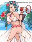  1girl angry bare_legs beach bikini braid braided_ponytail breasts cleavage crossed_legs emi_(kottonart) english_text fire_emblem fire_emblem_heroes flower green_hair hair_flower hair_ornament head_wreath hibiscus highres large_breasts megaphone official_alternate_costume outdoors sarong see-through single_braid solo swimsuit tassel thorr_(fire_emblem) white_bikini yellow_eyes 