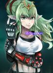  absurdres alternate_costume collarbone daxeraivi final_fantasy final_fantasy_vii fingerless_gloves fire_emblem fire_emblem_awakening gauntlets gloves green_eyes green_hair hair_ribbon highres midriff ponytail ribbon smile tiara tifa_lockhart tiki_(fire_emblem) watermark 