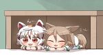  2girls animal_ears bell blush cat_ears cat_tail closed_eyes closed_mouth fox_ears fox_tail goutokuji_mike green_ribbon hair_between_eyes highres jingle_bell kudamaki_tsukasa light_brown_hair multicolored_hair multiple_girls open_mouth orange_eyes ribbon rokugou_daisuke romper short_hair signature smile streaked_hair tail tongue tongue_out touhou white_hair white_romper 