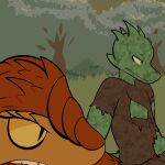 2014 anthro clothed clothing digital_drawing_(artwork) digital_media_(artwork) dirty duo fen_(lagotrope) grass green_body green_skin horn kobold lagotrope lizard male mountain_kobold orange_body orange_scales outside plant reptile scales scalie sitting story story_at_source story_in_description tgchan topwear torn_clothing tree 