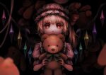  1girl absurdres blonde_hair blurry covered_mouth crystal doll_hug flandre_scarlet hat highres holding holding_stuffed_toy looking_at_viewer mob_cap object_hug puffy_sleeves red_eyes rinka_(nxes4835) solo stuffed_animal stuffed_bunny stuffed_toy teddy_bear touhou wings 