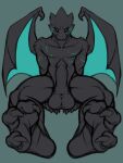  anthro balls black_sclera claws feet fetishame foot_fetish foot_focus gargoyle genitals green_eyes grey_body hi_res hindpaw male muscular muscular_male paws penis sitting_on_hand solo wings 