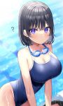  1girl ? bangs bare_shoulders black_hair blue_eyes blue_one-piece_swimsuit blush breasts cleavage collarbone goggles goggles_around_neck highres large_breasts looking_at_viewer mizukoshi_(marumi) one-piece_swimsuit original pool school_swimsuit short_hair solo sunlight swimsuit wet 