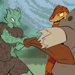  2014 anthro clothed clothing digital_drawing_(artwork) digital_media_(artwork) duo fen_(lagotrope) green_body green_skin horn kobold lagotrope lizard male melee_weapon mountain_kobold orange_body orange_scales outside pupils reptile scales scalie shirt slit_pupils standing story story_at_source story_in_description sword tgchan topless topwear torn_clothing weapon 