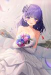  1girl :d absurdres bangs bouquet breasts bridal_veil bride collarbone dress dutch_angle elbow_gloves falling_leaves flower genshin_impact gloves hair_flower hair_ornament haires happy highres holding holding_bouquet large_breasts leaf long_dress long_hair looking_at_viewer purple_eyes purple_hair raiden_shogun smile solo veil wedding_dress white_dress white_gloves 