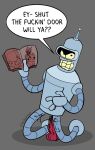  bender_bending_rodr&iacute;guez comedy_central dildo english_text erection futurama grey_background hi_res machine magazine male nipples robot sex_toy shadow simple_background text tooddoodnood 